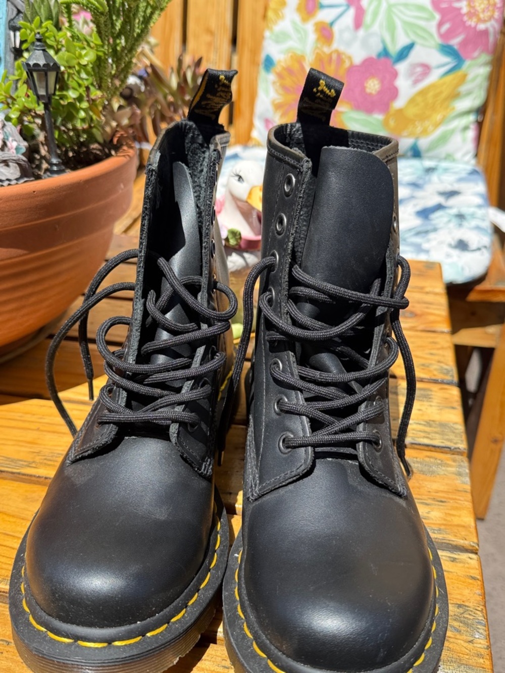 Dr. Martens Black Leather Lace-Up Boots with Yellow Stitching